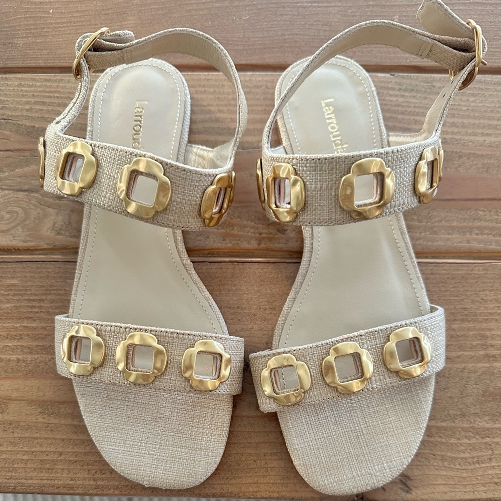 Larroude Beige Sandals with Gold Accents